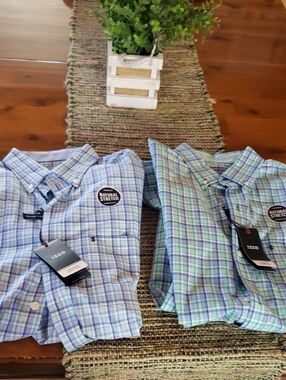 2 Brand New Izod Men’s Blue & Green Plaid Button-Down Shirt -Natural Stretch Med